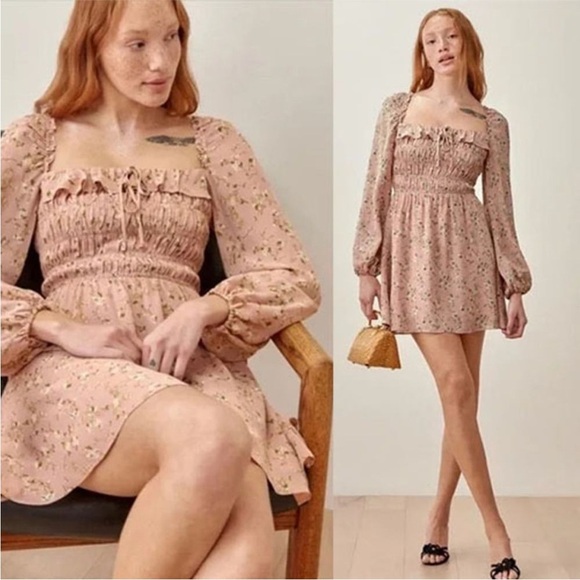 Reformation Morris Long Sleeve Ruffle Mini Dress in Melody Pink Size 12 - Picture 2 of 8